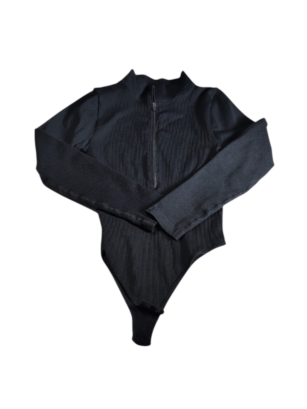 OQQ Black Ribbed Zip Front Long Sleeve Bodysuit Size L